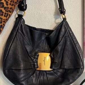Salvatore Ferragamo Black Hobo Bag with Gold Accent